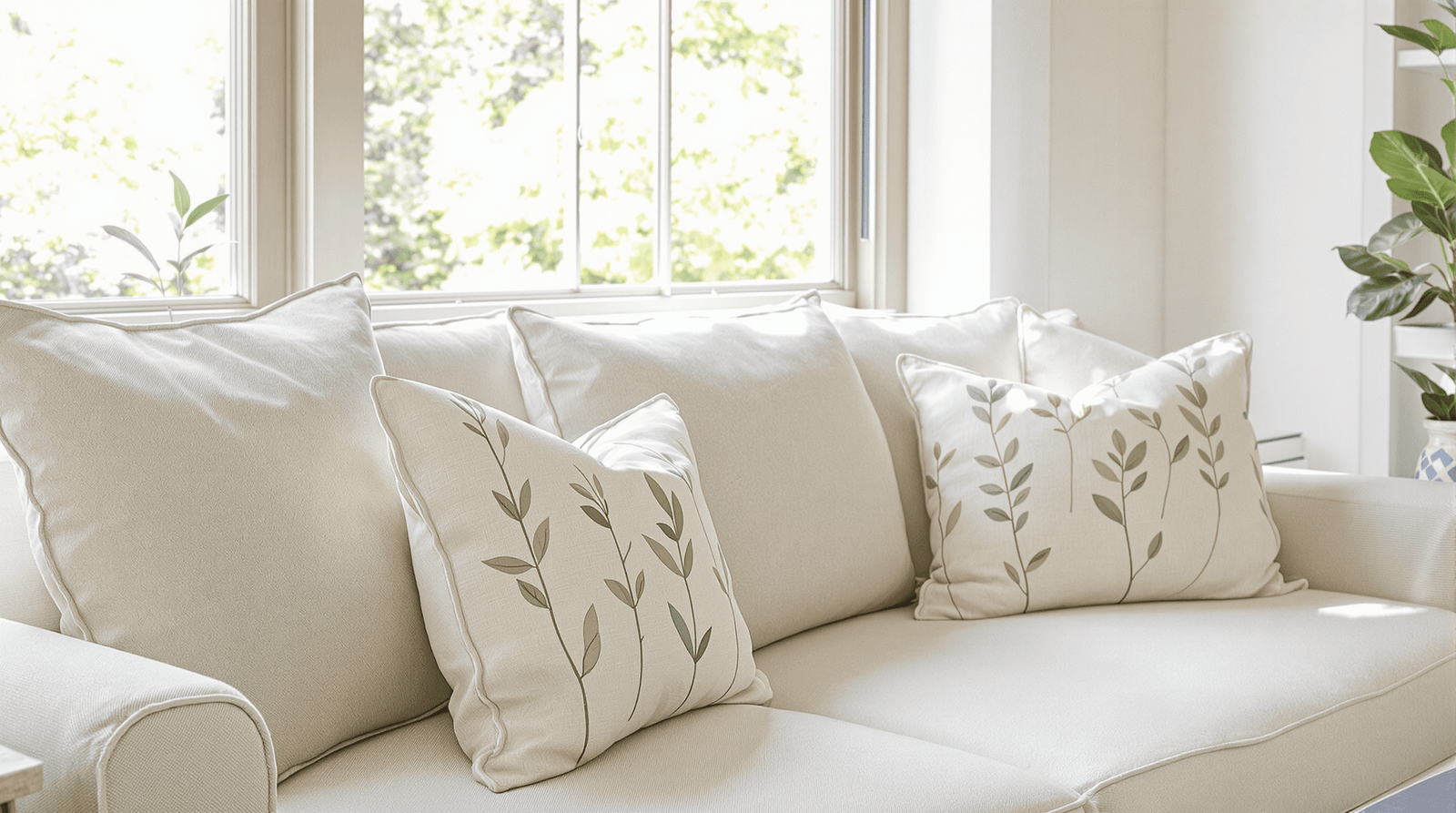 Living room with linen sofa and organic cotton pillows