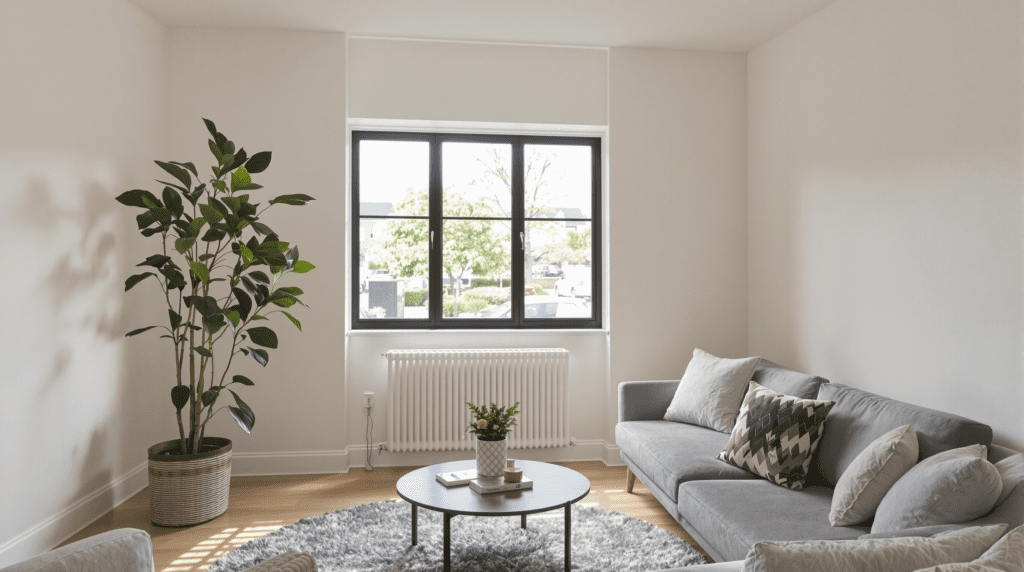 Small, stylish living room with minimal furniture