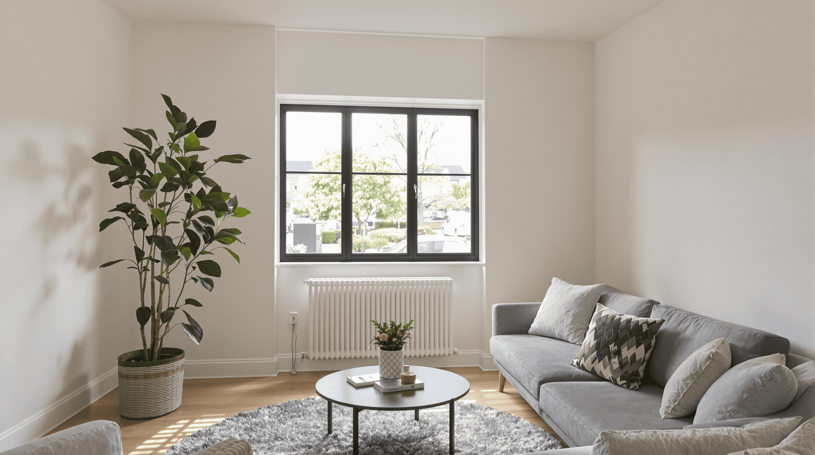 Small, stylish living room with minimal furniture