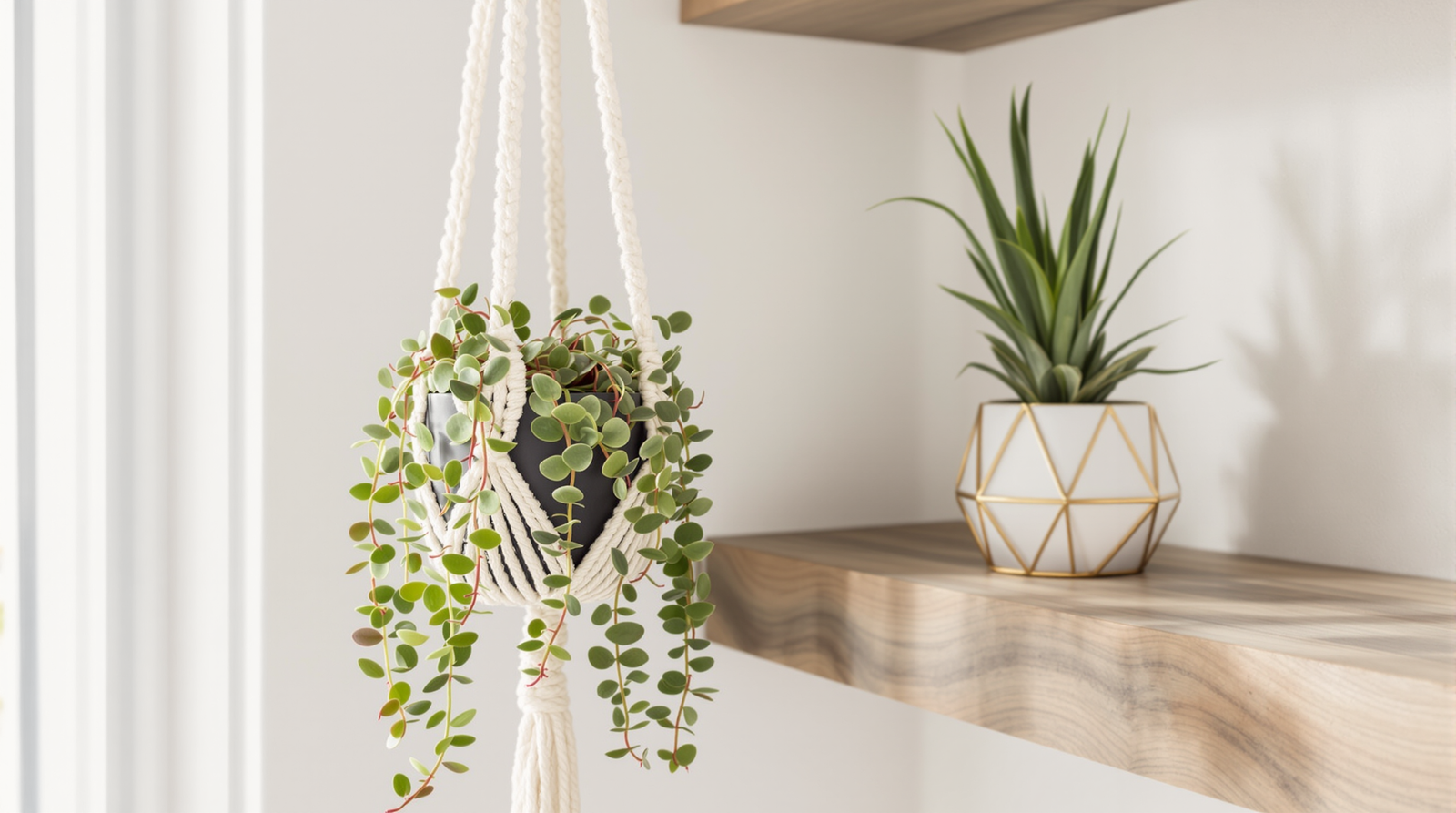 Hanging succulent and air plant in a stylish bathroom