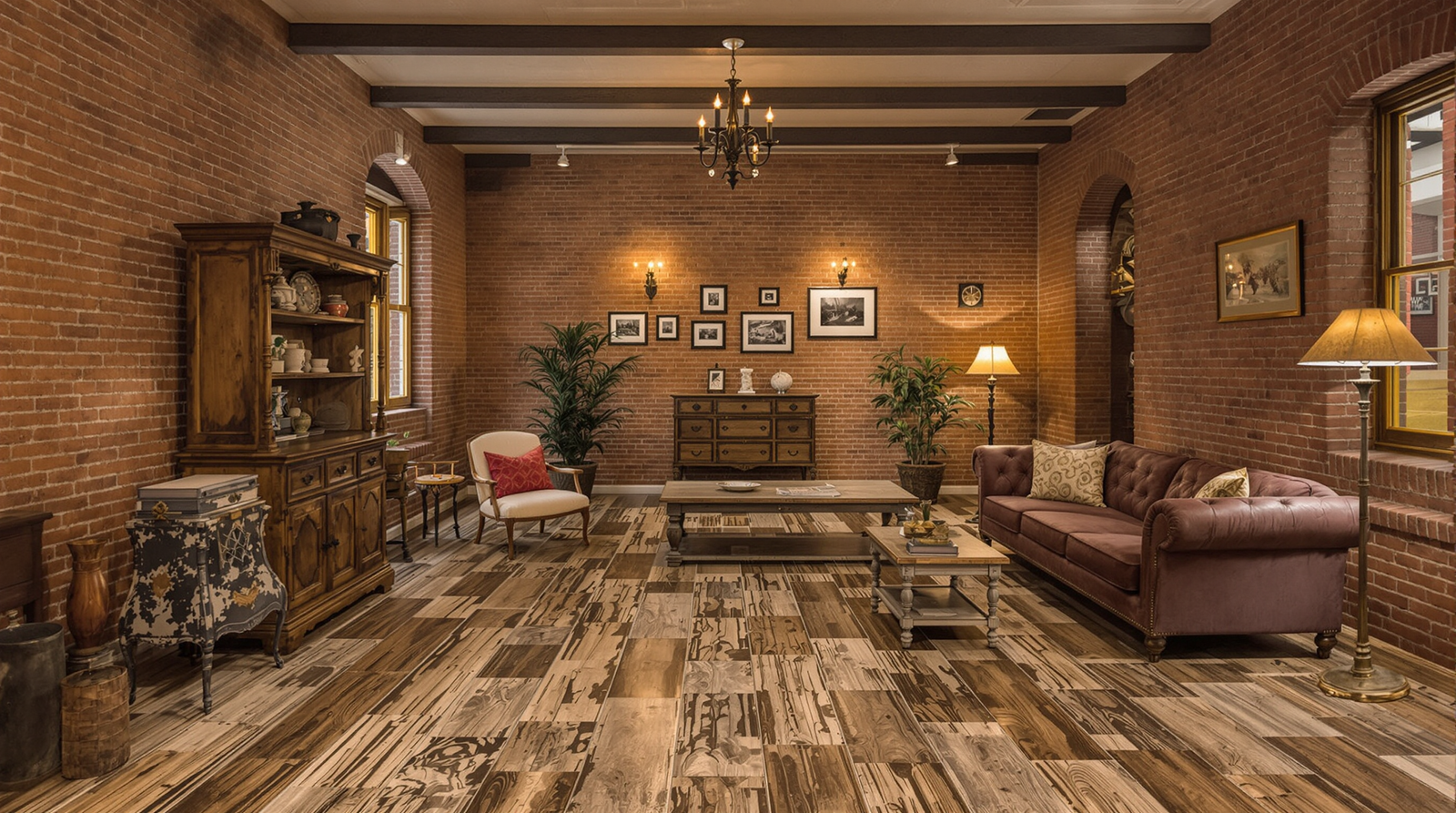 Rustic living room with reclaimed wood flooring