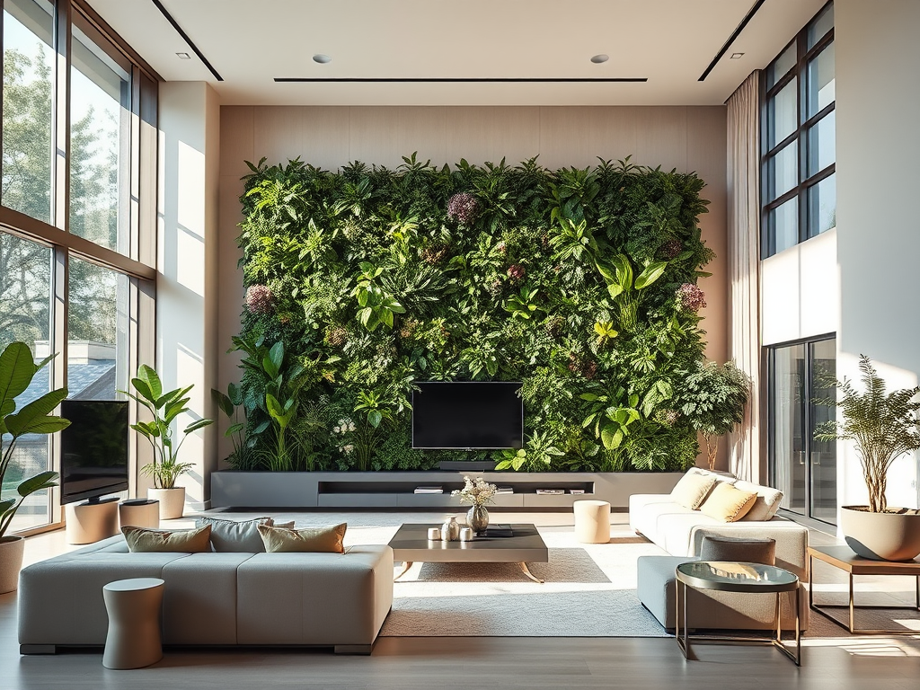 Luxurious minimalist living room with a large, integrated automated indoor plant wall.