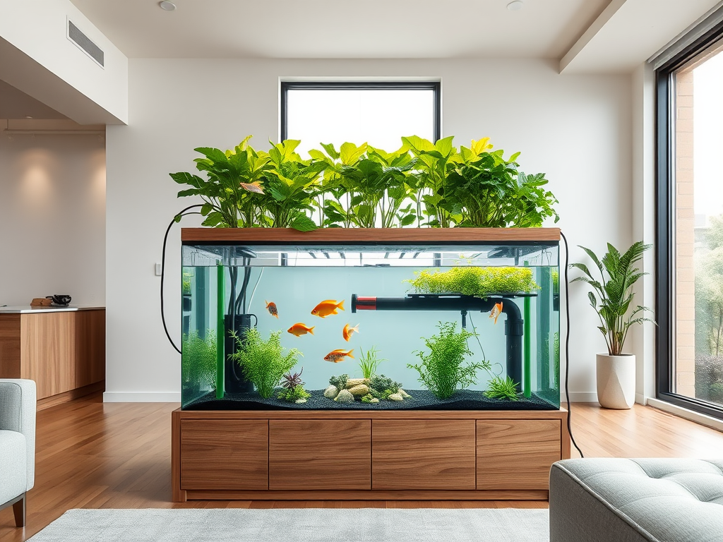 Modern aquaponics system with wooden stand and vibrant plants integrated into a minimalist living room.