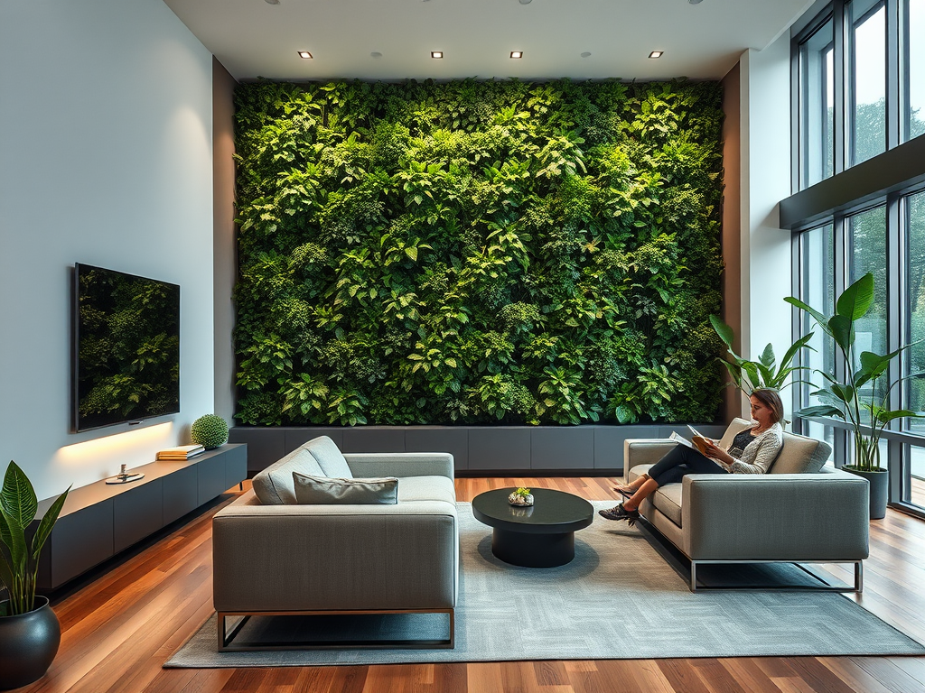 Modern living room with a lush smart living wall and minimalist furniture.