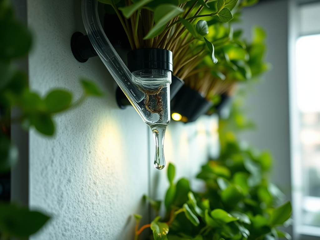 Close-up of an automated plant wall's internal irrigation system with glowing LED lights.