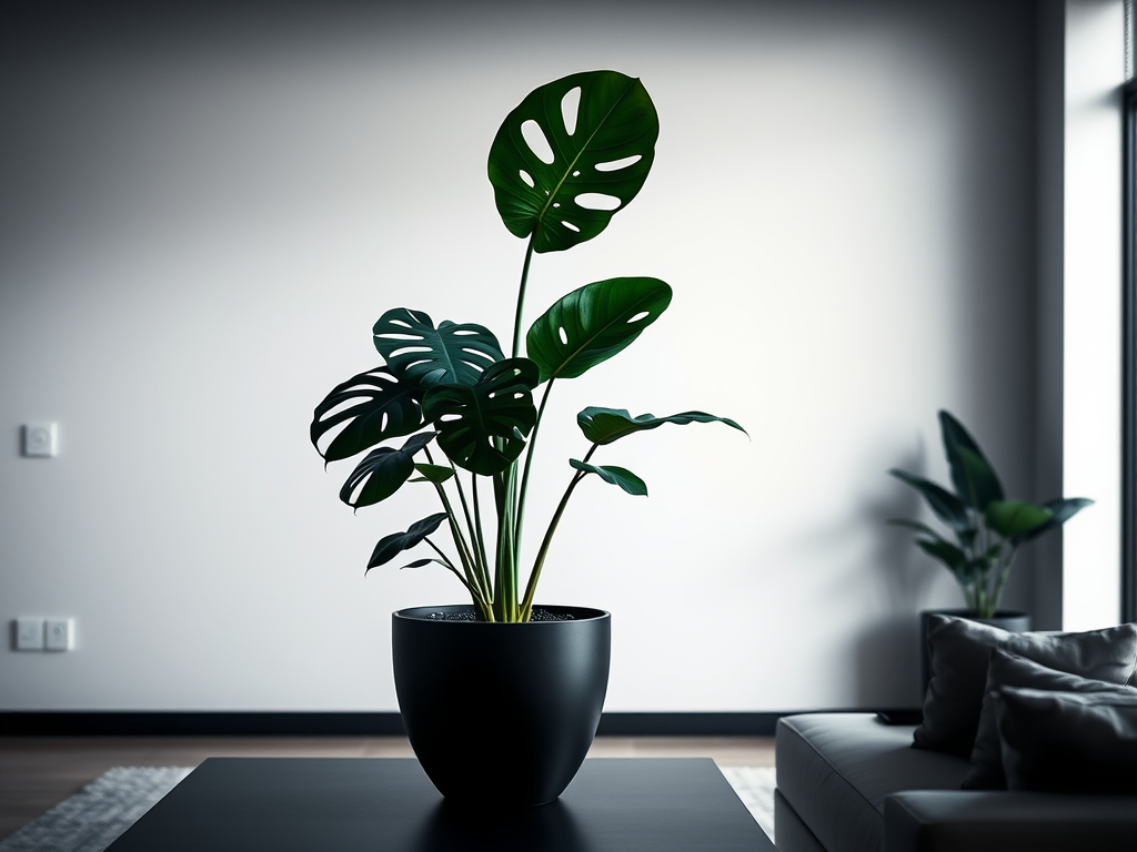 Sleek smart planter with a vibrant Monstera plant in a minimalist home interior.