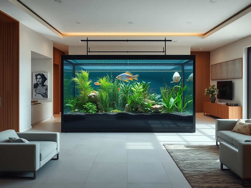Modern aquaponics system with black metal frame and clear glass acting as a room divider in an open-concept living space.