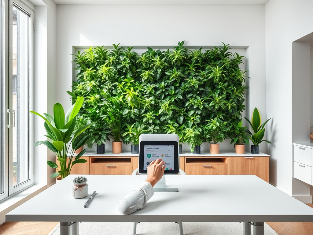 Modern home office with an automated plant wall and hands interacting with a plant care app on a tablet.
