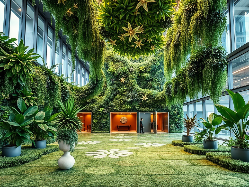 Ultra-modern office lobby with a large, high-tech biophilic plant installation.