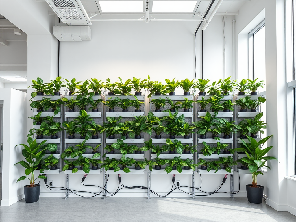 Close-up view of a modular automated indoor plant wall system with visible irrigation components.