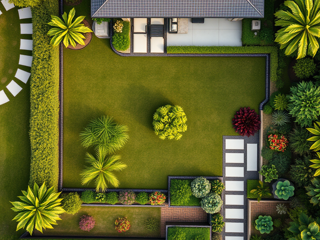 Overhead drone shot of a meticulously designed large residential landscape with distinct hydrozones.
