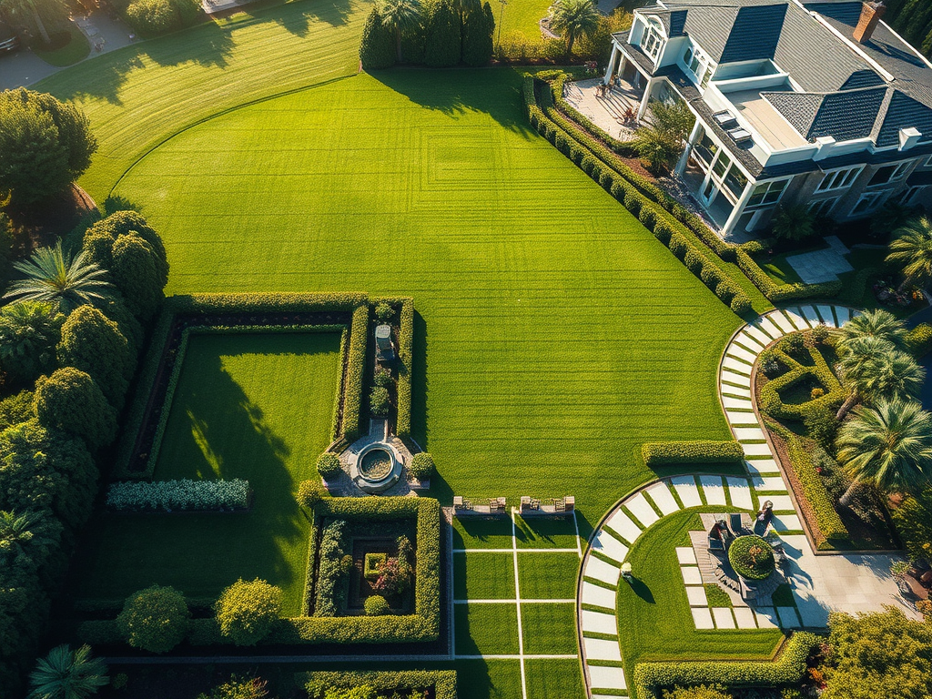 Overhead drone shot of a sprawling, impeccably landscaped estate with geometric garden beds.