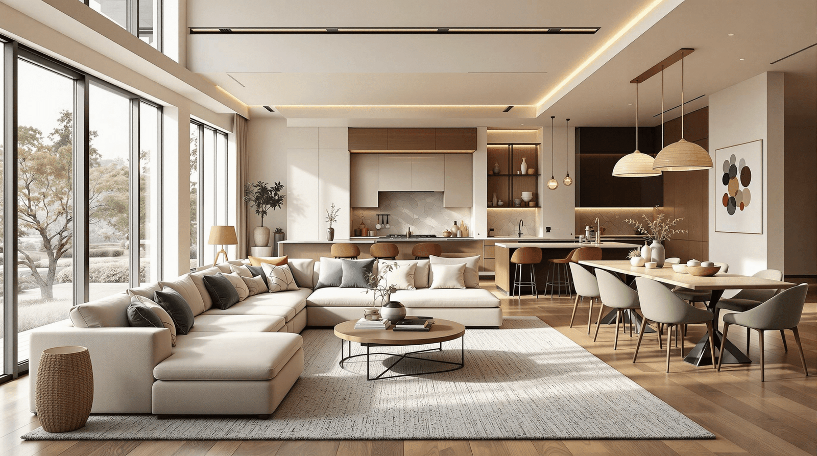 A beautifully designed open-plan living space showcasing clear, yet fluid, intimate zones with furniture and lighting.