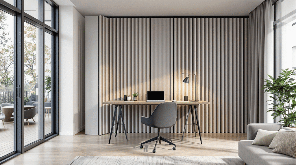A modern home office with a grey soundproofing room divider separating the workspace in an open-plan apartment.