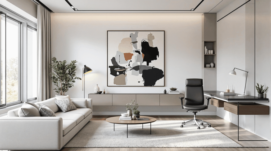 A modern multifunctional room transitioning from living space to home office with minimalist furniture and natural light.