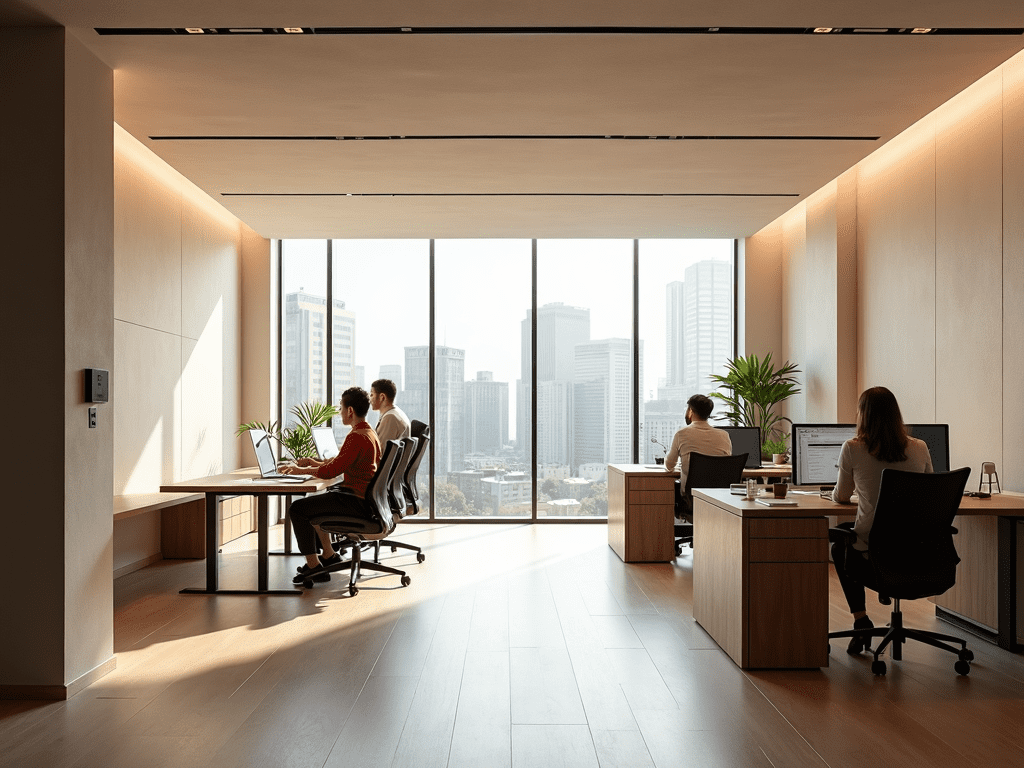 A serene, minimalist open-plan office with integrated acoustic panels and natural light, showing quiet work zones.