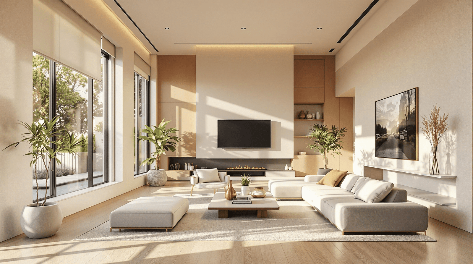 A serene modern living space with an open layout, showcasing elegant furniture arrangement and abundant natural light.