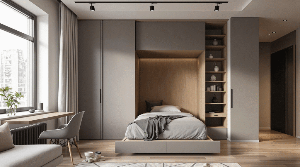 Contemporary studio apartment with a custom wall bed seamlessly integrated into sleek cabinetry, featuring a built-in desk and shelving.