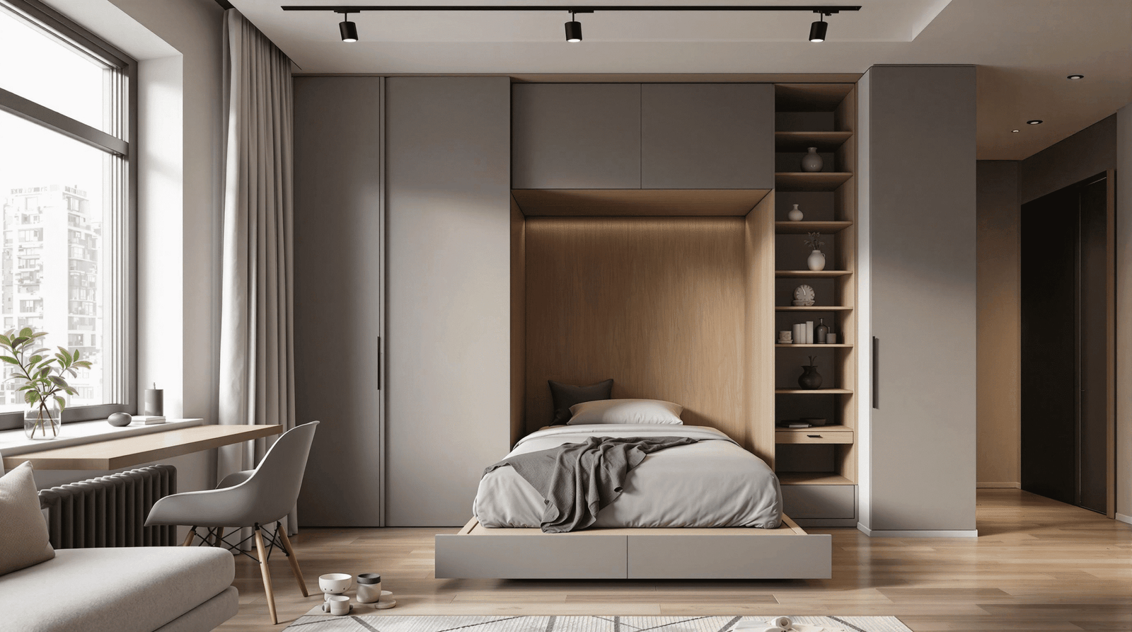 Contemporary studio apartment with a custom wall bed seamlessly integrated into sleek cabinetry, featuring a built-in desk and shelving.