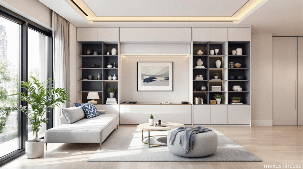 Elegant minimalist micro apartment living room with hidden Murphy bed and blue accents.
