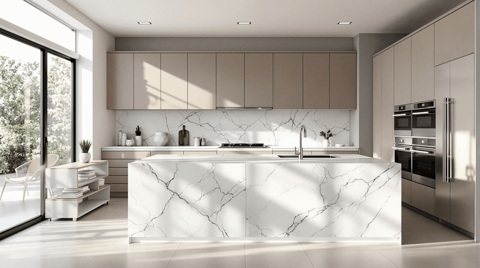 Elegant modern open-concept kitchen with a large marble island and natural light, showcasing thoughtful design.