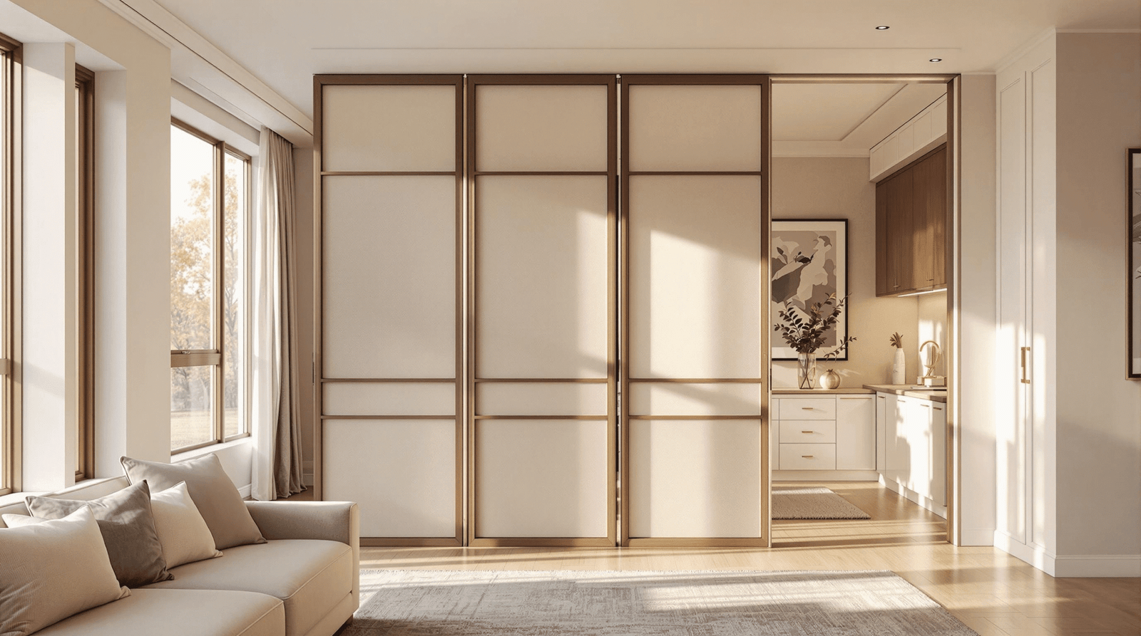 Elegant modern room screen dividing a luxurious open-concept living room and home office nook.