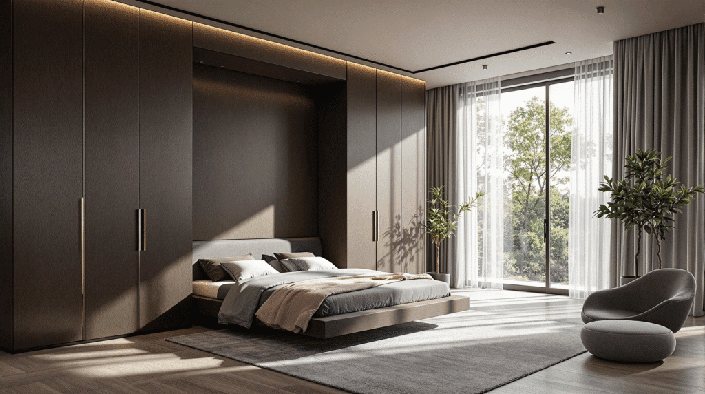 Luxurious living room with a hidden dark wood custom wall bed unit integrated into the wall.