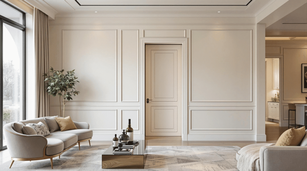 Luxurious living room with a subtle hidden door integrated into a paneled wall.