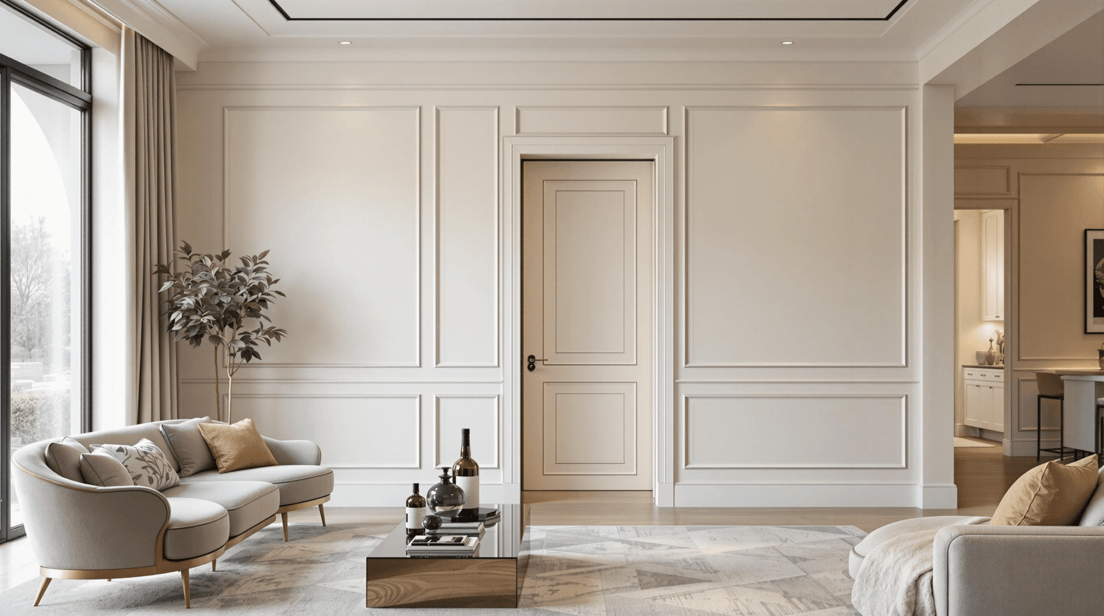 Luxurious living room with a subtle hidden door integrated into a paneled wall.