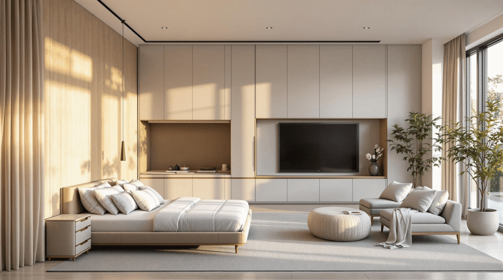 Luxurious minimalist living room with a subtly integrated wall bed in custom cabinetry, bathed in golden hour sunlight.