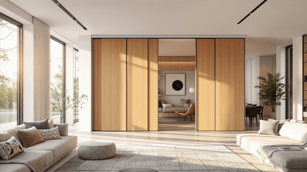 Luxurious open-concept living room with a partially open warm wood retractable partition system revealing a reading nook.