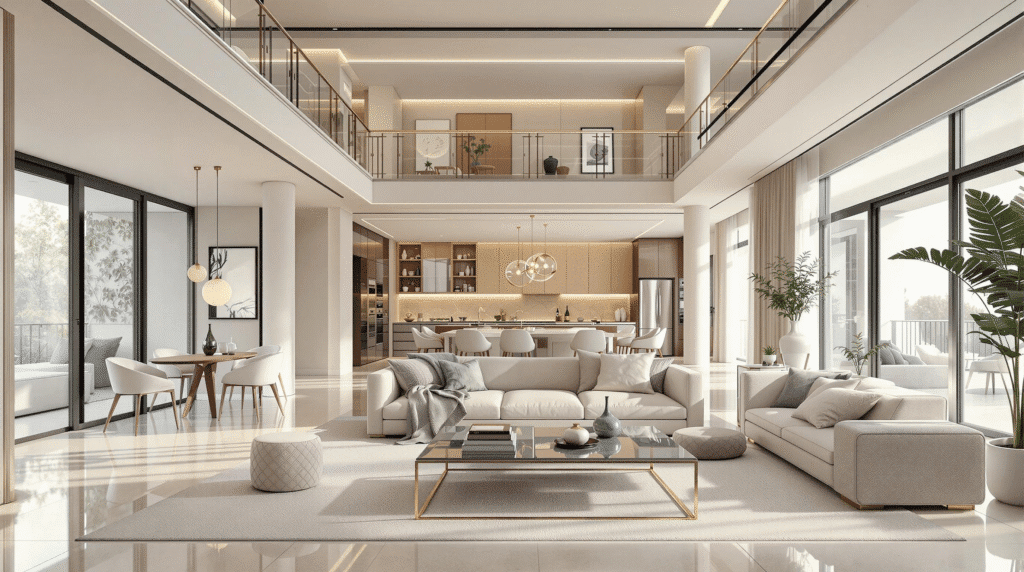 Luxurious open-concept living room with clear pathways and elegant furniture arrangement.