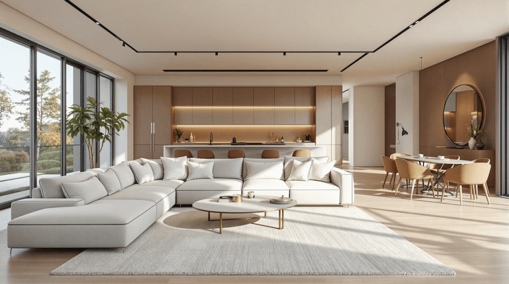 Luxurious open-concept living space with distinct seating and dining zones, subtly separated by furniture and lighting.