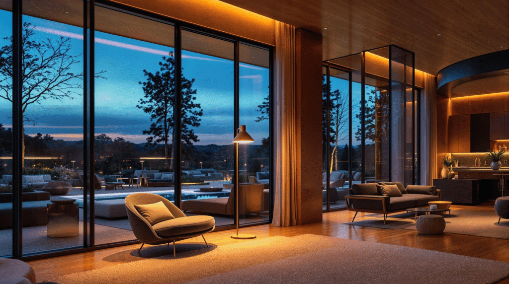 Luxurious open-plan living room at dusk, with a reading nook distinctly zoned by warm layered lighting.