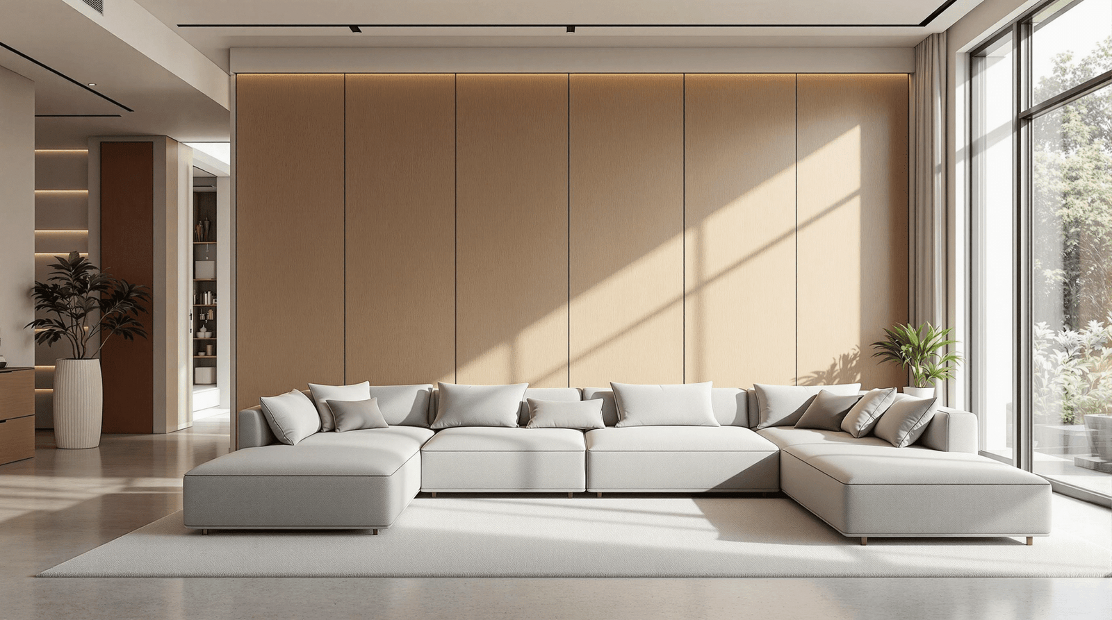 Minimalist living room with a hidden wall bed mechanism, showcasing modern space-saving design.