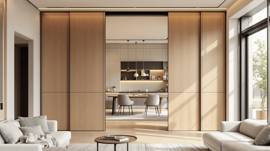 Minimalist open-plan living area with light-wood sliding panel room dividers.