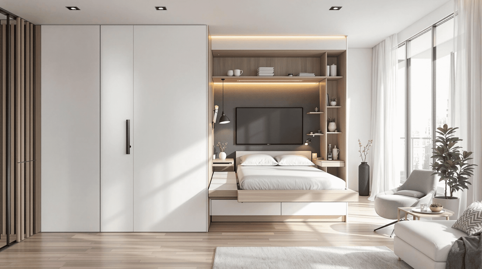 Minimalist studio apartment with a hidden transformable desk or bed, showing modern design and efficient space use.