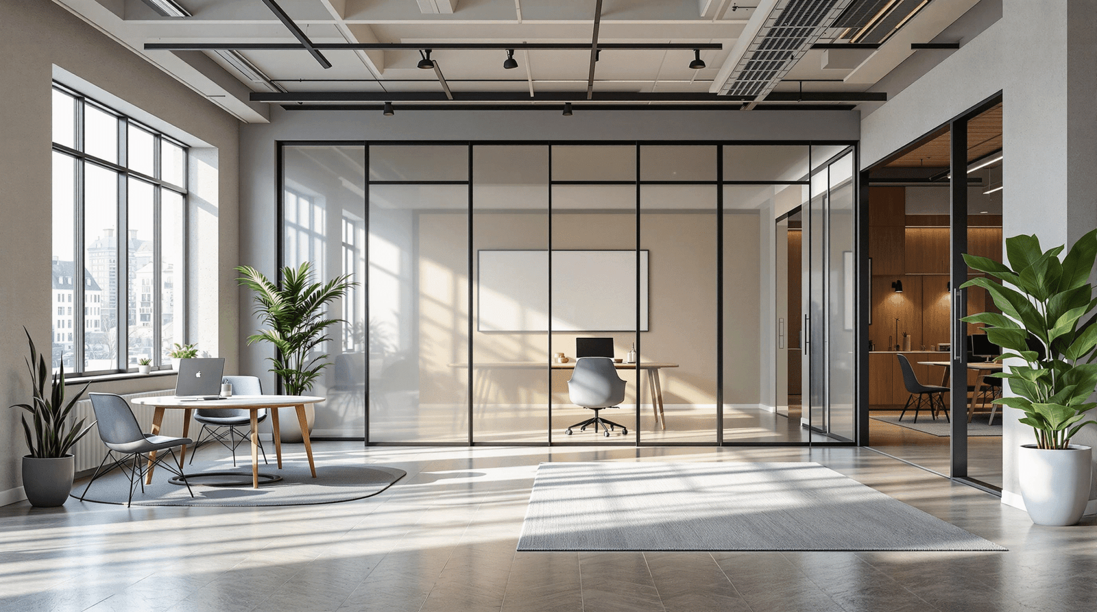 Modern commercial office with flexible modular walls and abundant natural light.