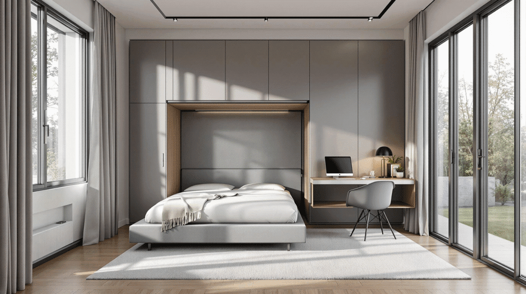 Modern dual-purpose room with a wall bed folded away, showcasing a minimalist home office setup.