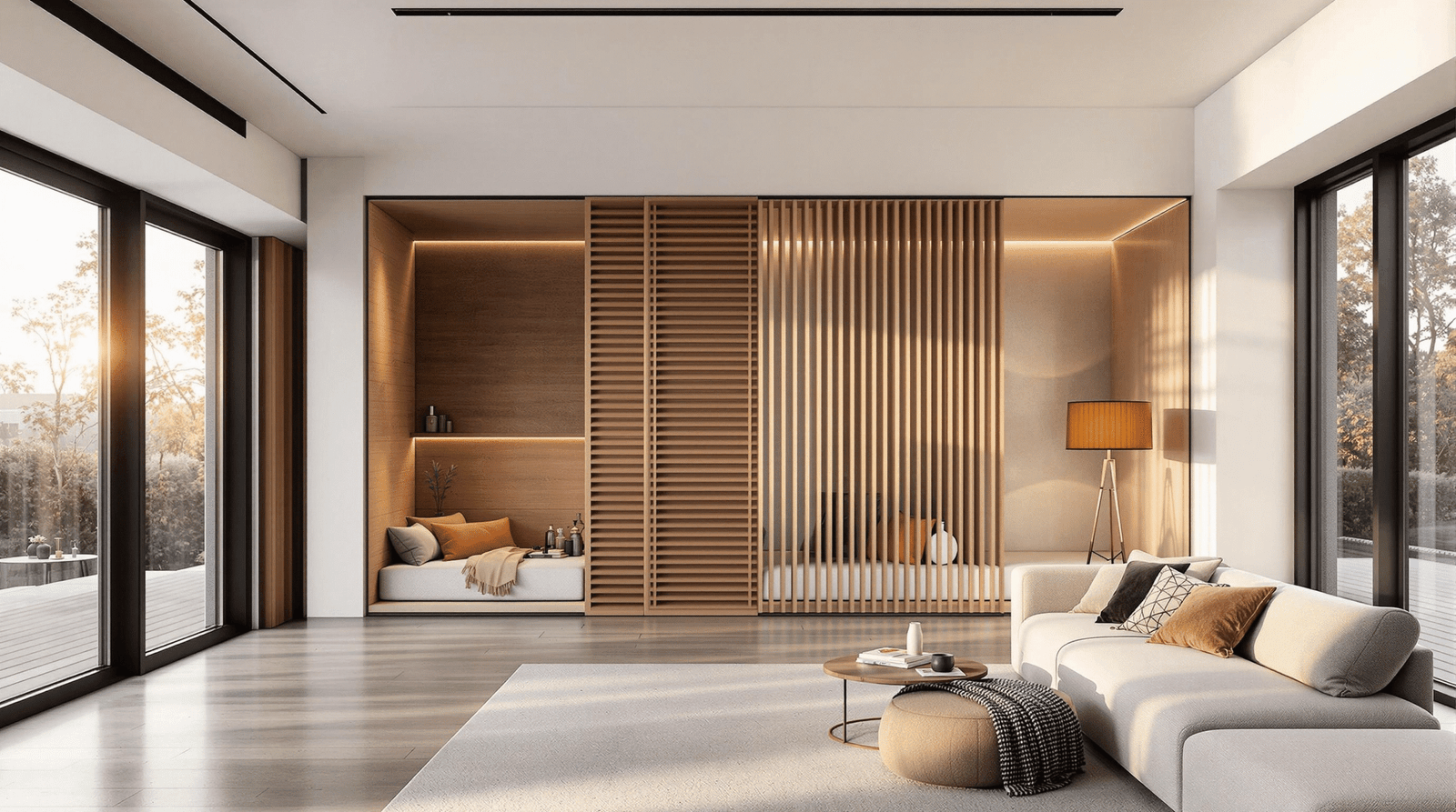 Modern living room with a wood-slatted room divider separating a cozy reading nook.