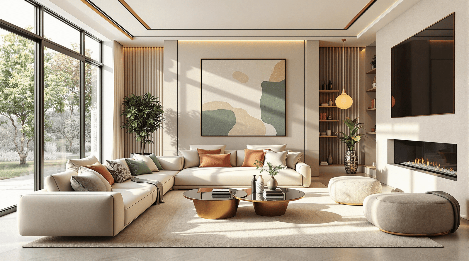 Modern living room with warm neutral colors and natural light, designed for comfort and well-being.