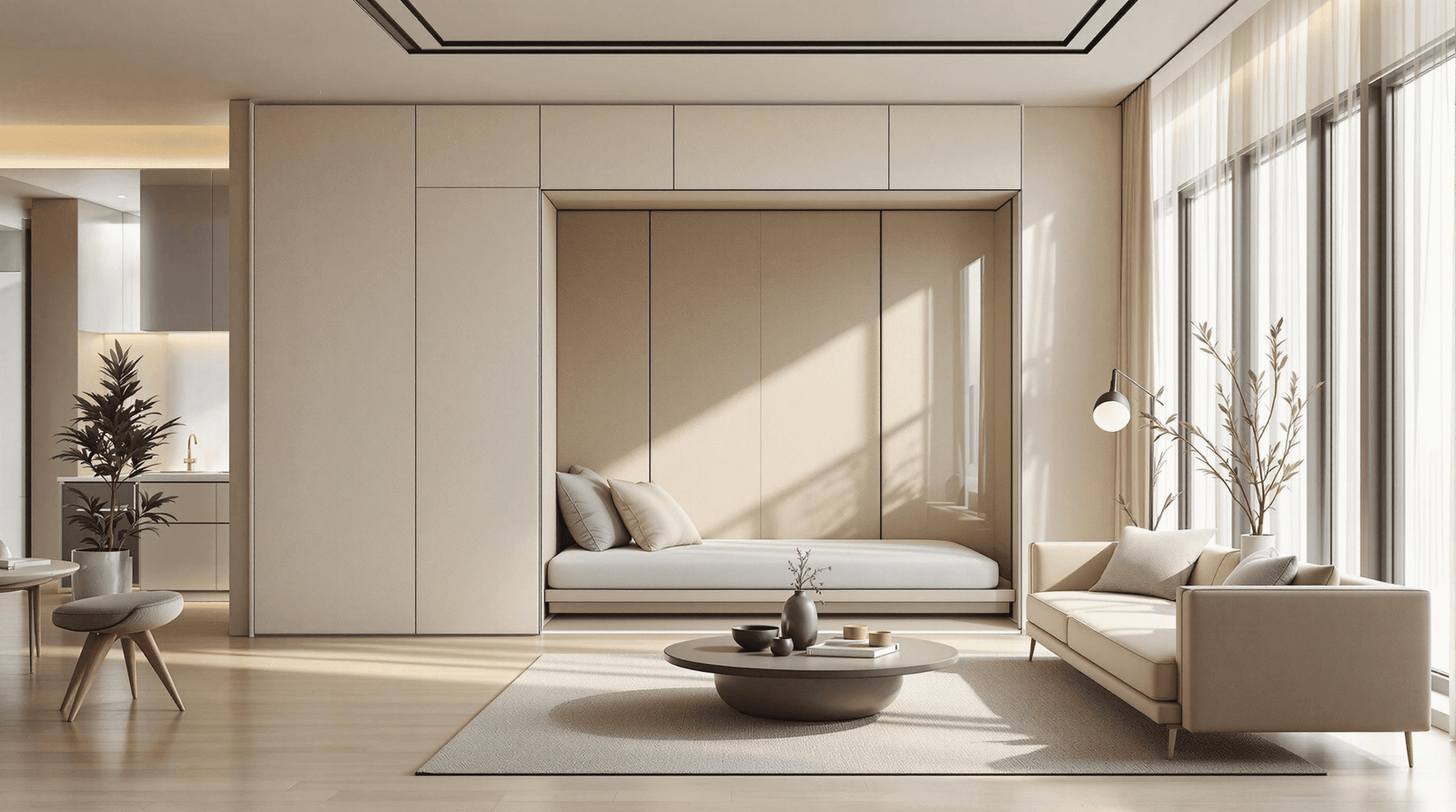 Modern minimalist studio apartment with a hidden wall bed, showcasing a spacious living area.