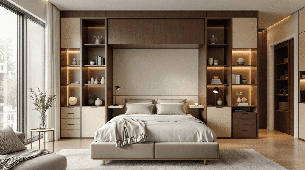 Modern multi-functional room with a folded wall bed revealing a built-in desk and shelving.