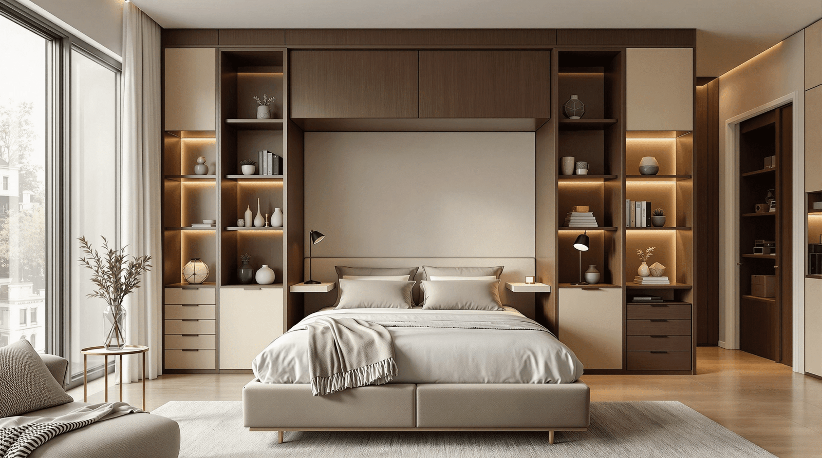 Modern multi-functional room with a folded wall bed revealing a built-in desk and shelving.