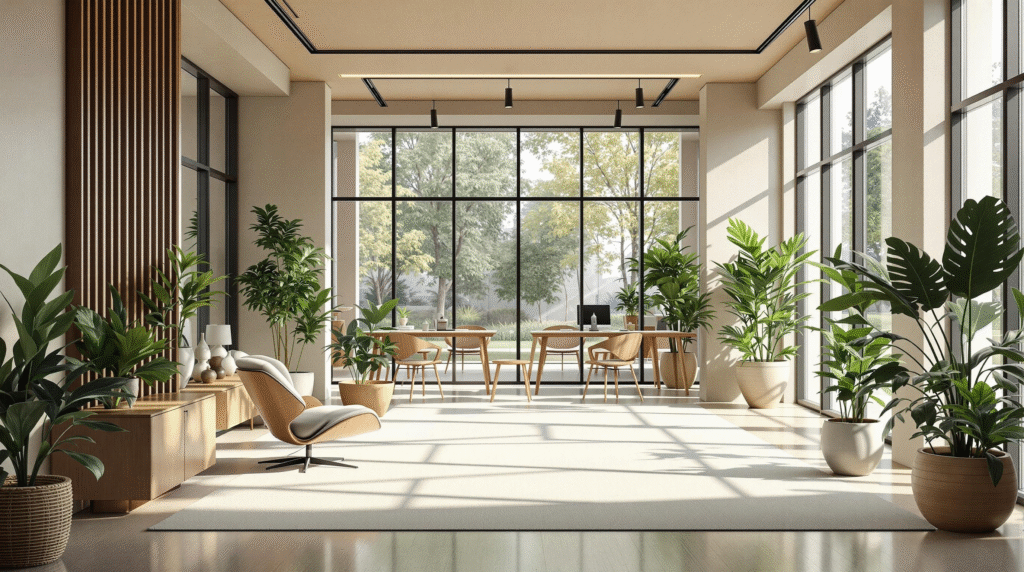 Modern office space with biophilic design, featuring plants, natural light, and wood furniture.