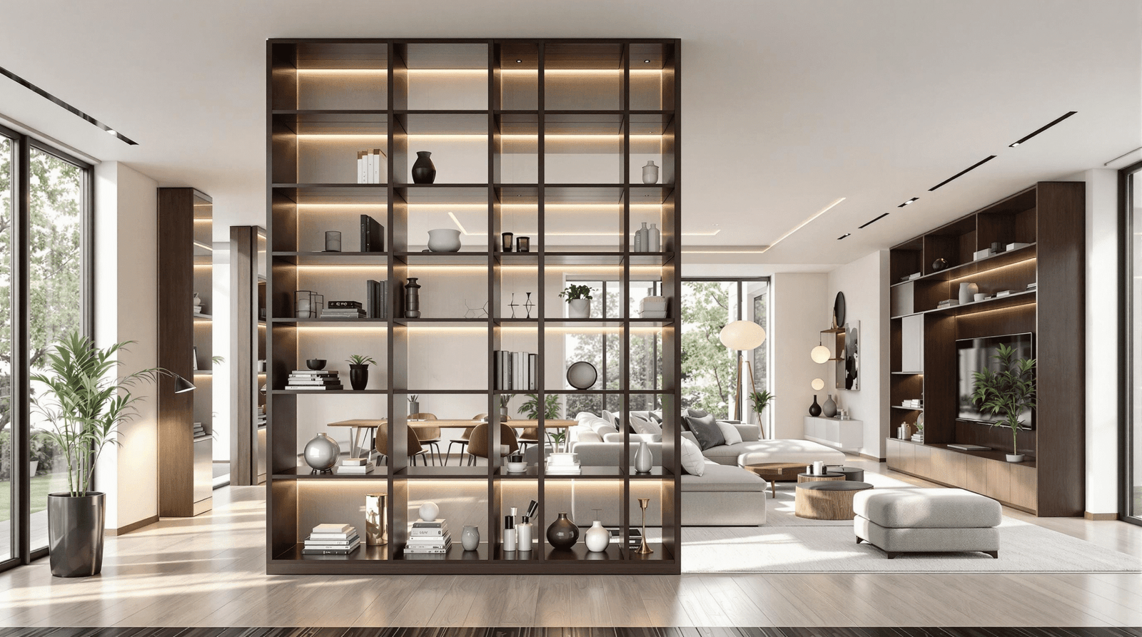 Modern open-concept living space subtly divided by a tall, dark wood bookshelf, creating distinct zones.