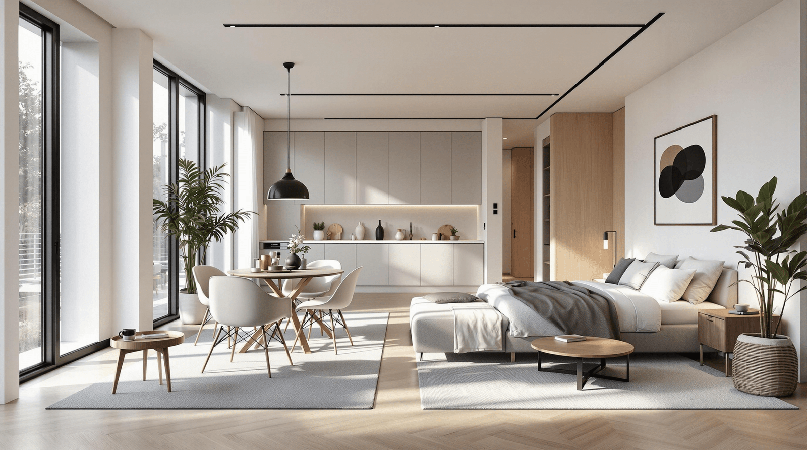 Modern open-concept studio apartment with functional zones and natural light.