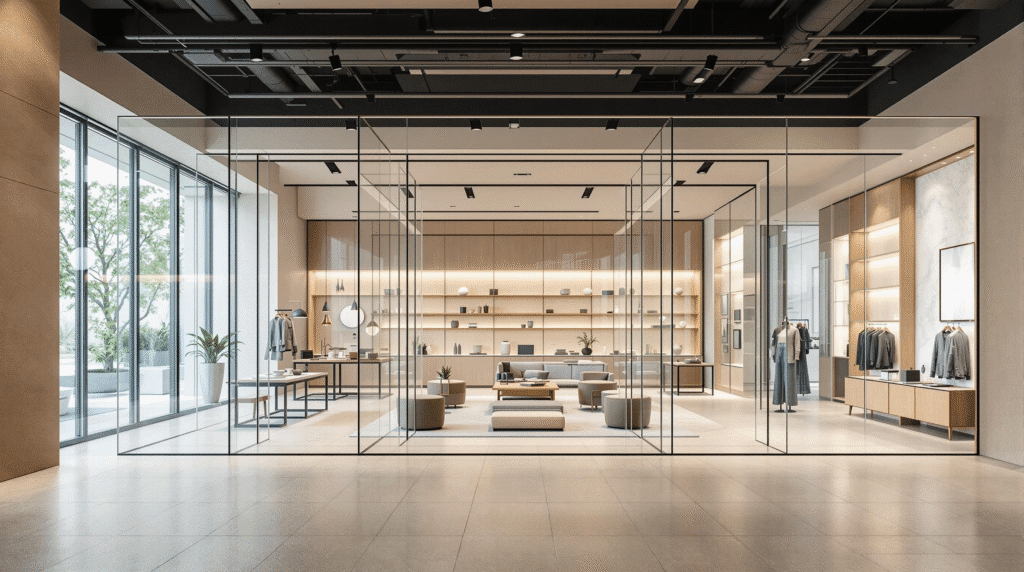 Modern retail showroom with minimalist flexible glass partitions.
