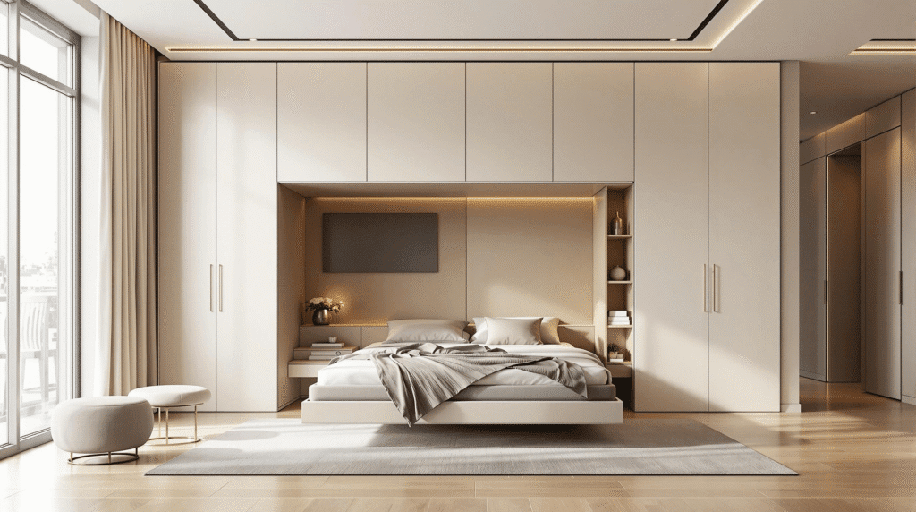Modern studio apartment with a concealed wall bed system, showcasing minimalist design and ample open space.