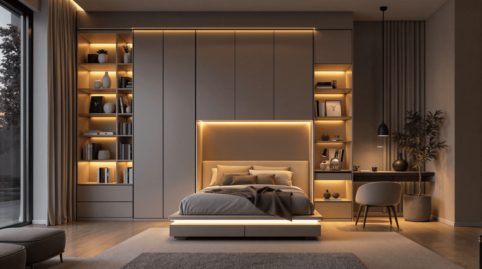 Modern studio apartment with a folded wall bed and integrated lighting illuminating a desk and bookshelf.